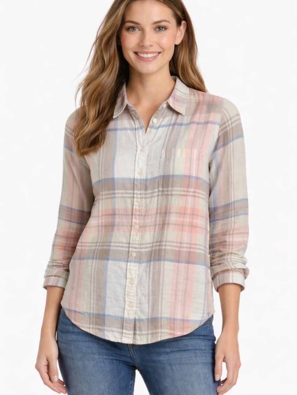 Lucky Brand Women’s Plaid Button Down Shirt Size M Pink Blue Cream(A534)
